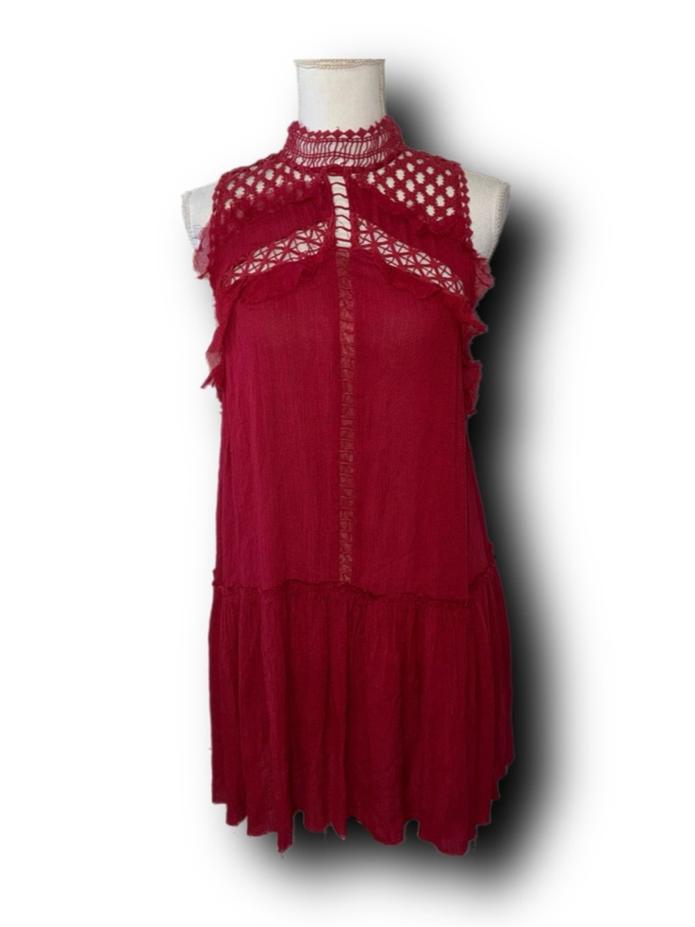 NWT Free People Red Raw Edge Crotchet Detailed Trapeze Boho Mini Dress